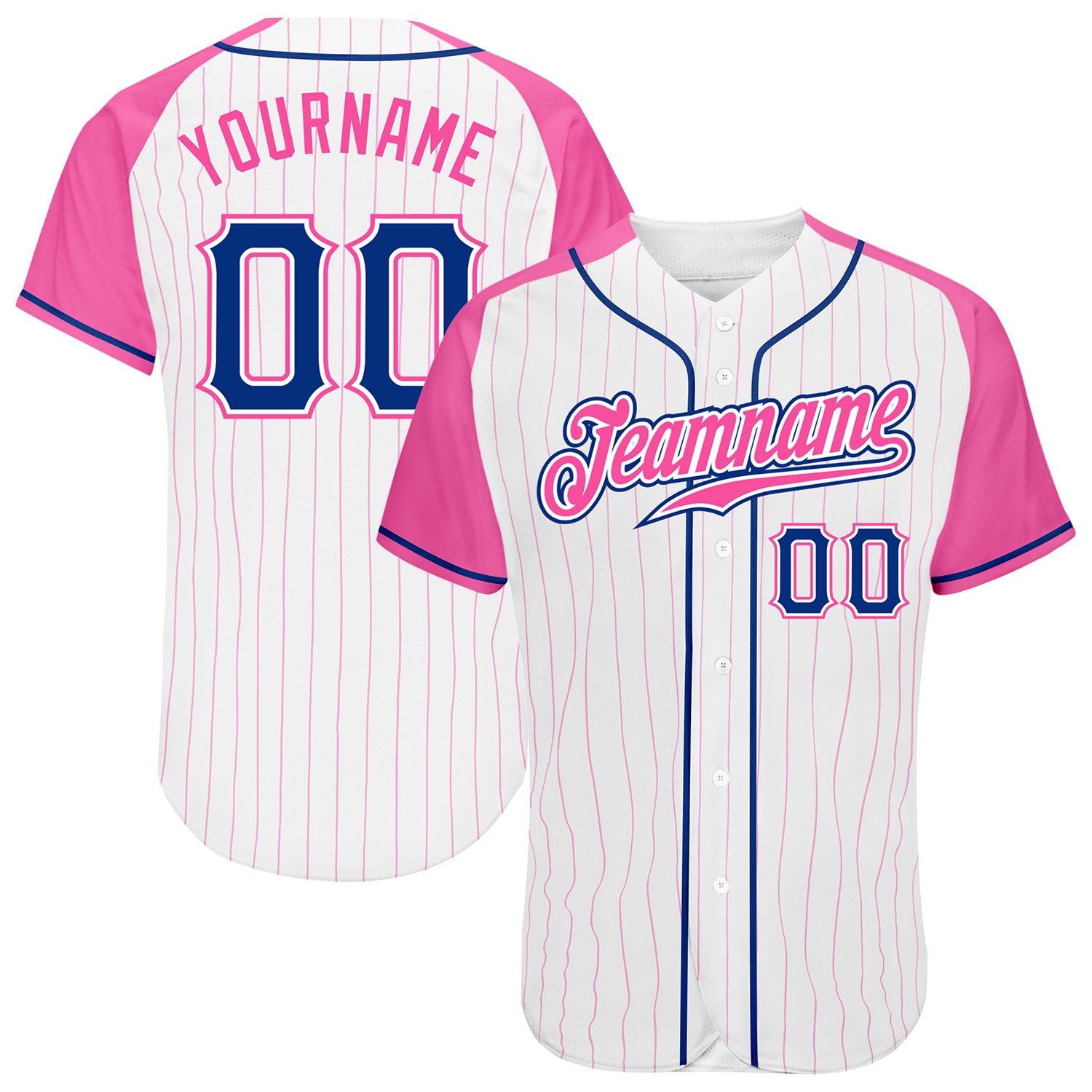 Custom White Pink Pinstripe Royal-Pink Authentic Raglan Sleeves Baseball Jersey Custom Pink Pinstripe Baseball Jersey with Royal-Pink Raglan Sleeves - Authentic Design Custom White Pink Pinstripe Royal-Pink