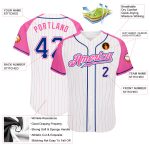 Custom Pink Pinstripe Baseball Jersey with Royal-Pink Raglan Sleeves - Authentic Design Custom White Pink Pinstripe Royal-Pink
