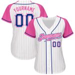 Custom Pink Pinstripe Baseball Jersey with Royal-Pink Raglan Sleeves - Authentic Design Custom White Pink Pinstripe Royal-Pink