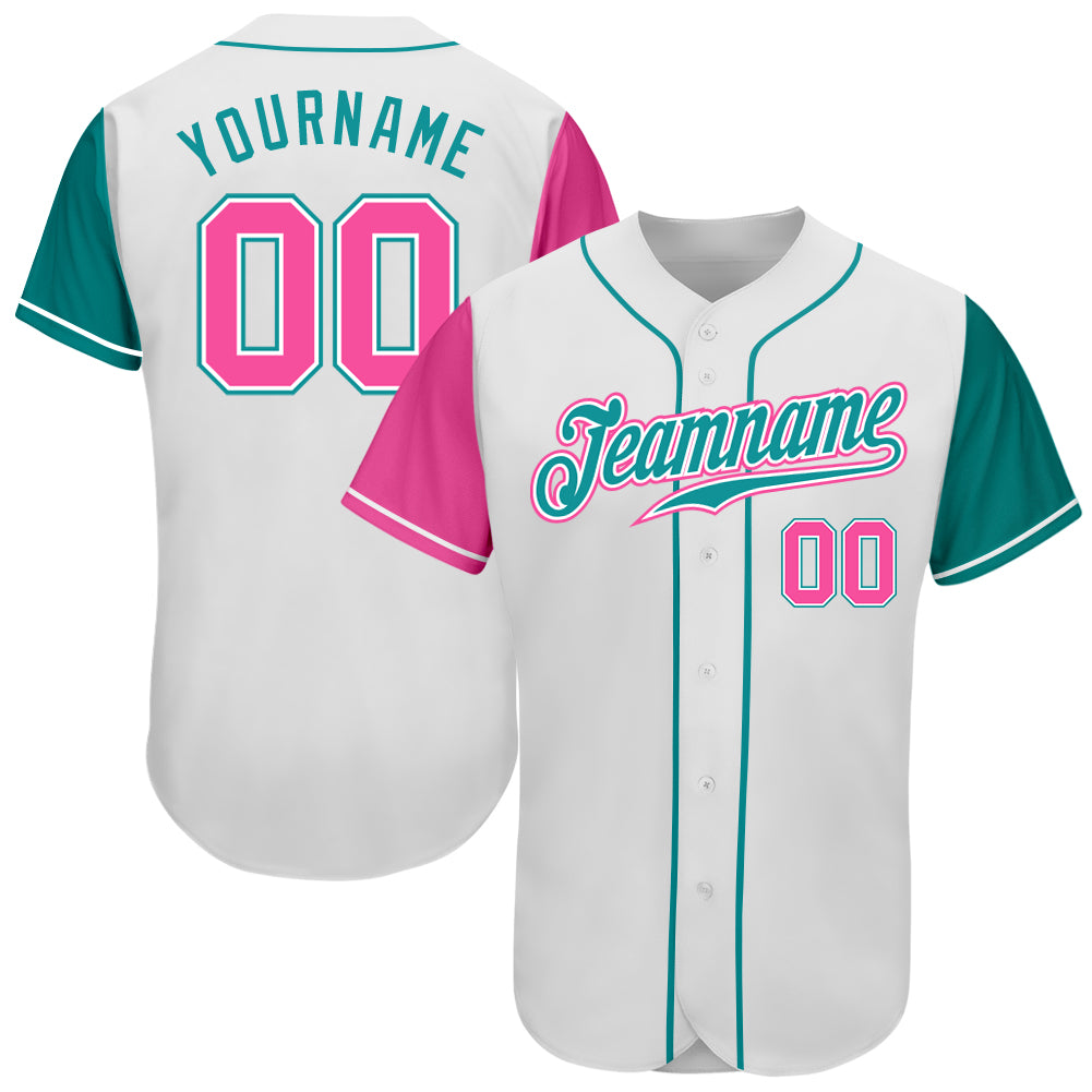 Custom Two Tone Baseball Jersey - Authentic White Pink Teal Design Custom White Pink-Teal Authentic Two Tone Baseball Jersey