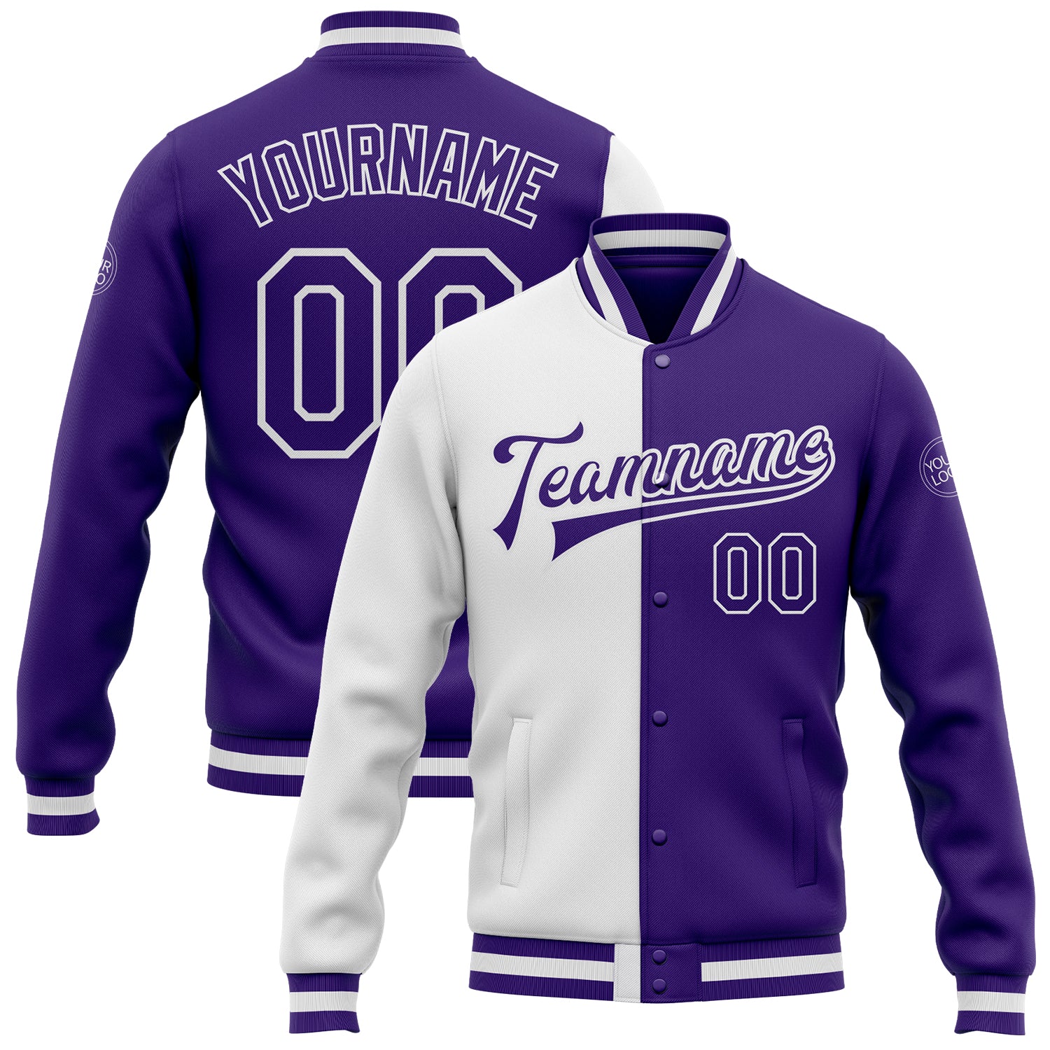 Custom White Purple Bomber Full-Snap Varsity Letterman Split Fashion Jacket Custom White Purple Varsity Letterman Bomber Jacket Full-Snap Fashion Outerwear Custom White Purple Bomber Full-Snap Varsity