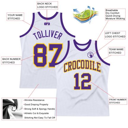 Custom Authentic Basketball Jersey - White Purple Gold Throwback Design Custom White Purple-Gold Authentic Throwback Basketball