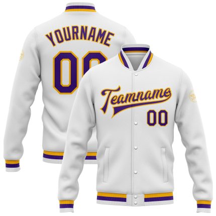 Custom Bomber Jacket in White Purple Gold - Full-Snap Varsity Letterman Style Custom White Purple-Gold Bomber Full-Snap Varsity