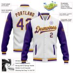 Custom Bomber Jacket White Purple Gold Full-Snap Varsity Letterman Two Tone Custom White Purple-Gold Bomber Full-Snap Varsity