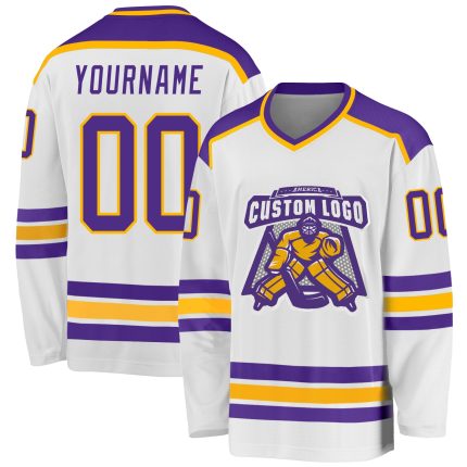 Purple Gold Custom Hockey Jersey - Personalized White Team Jersey Custom White Purple-Gold Hockey Jersey