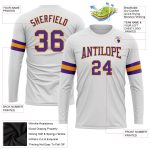 Custom Performance T-Shirt in White Purple Gold - Long Sleeve Athletic Top Custom White Purple-Gold Long Sleeve Performance