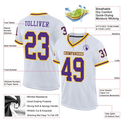 Custom Throwback Football Jersey White Purple Gold Mesh Authentic Custom White Purple-Gold Mesh Authentic Throwback Football
