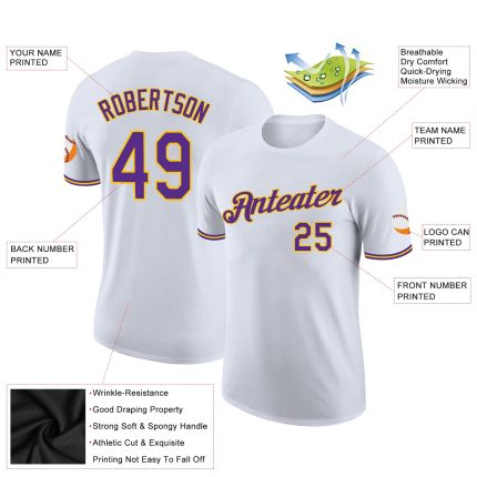 Custom Performance T-Shirt in White Purple Gold for Active Wear Custom White Purple-Gold Performance T-Shirt