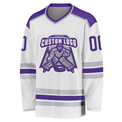 Custom Hockey Jersey in White Purple and Gray Colors Custom White Purple-Gray Hockey Jersey