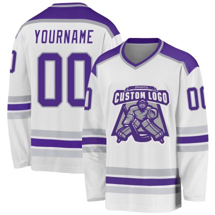 Custom Hockey Jersey in White Purple and Gray Colors Custom White Purple-Gray Hockey Jersey