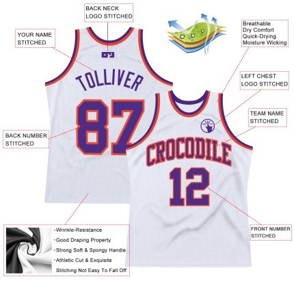 Custom Throwback Basketball Jersey in White Purple and Orange Custom White Purple-Orange Authentic Throwback Basketball Jersey