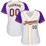 Custom White Purple Pinstripe Baseball Jersey with Purple-Gold Raglan Sleeves Custom White Purple Pinstripe Purple-Gold Authentic
