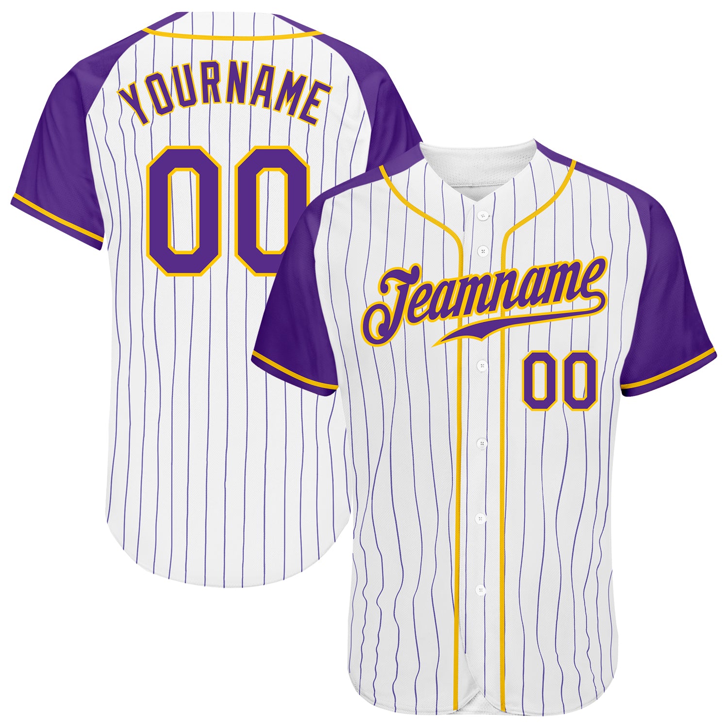 Custom White Purple Pinstripe Baseball Jersey with Purple-Gold Raglan Sleeves Custom White Purple Pinstripe Purple-Gold Authentic