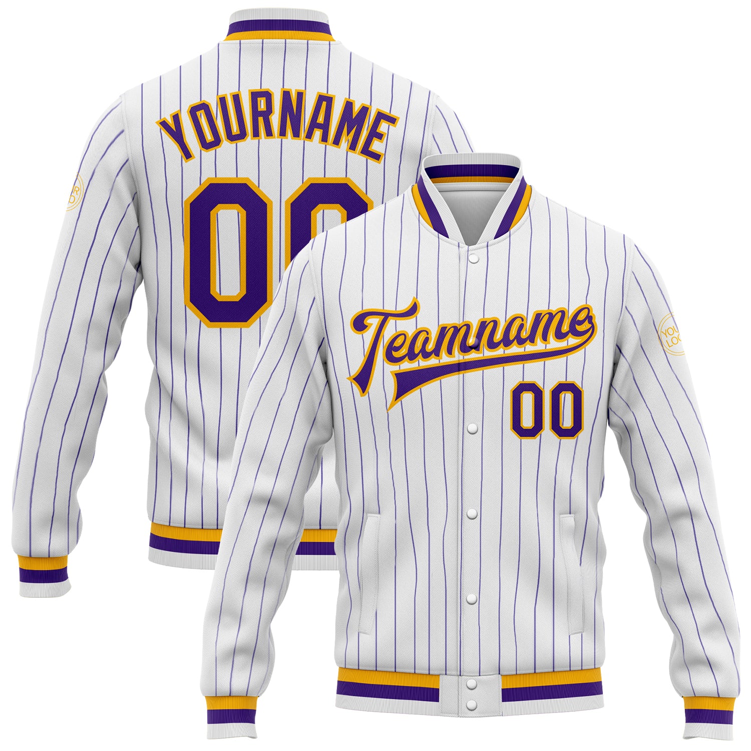 Custom White Purple Pinstripe Bomber Jacket Gold Varsity Full-Snap Letterman Custom White Purple Pinstripe Purple-Gold Bomber