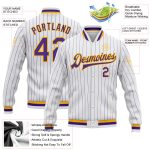 Custom White Purple Pinstripe Bomber Jacket Gold Varsity Full-Snap Letterman Custom White Purple Pinstripe Purple-Gold Bomber