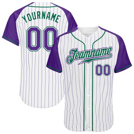 Custom Purple White Pinstripe Baseball Jersey with Kelly Green Raglan Sleeves - Authentic Design Custom White Purple Pinstripe