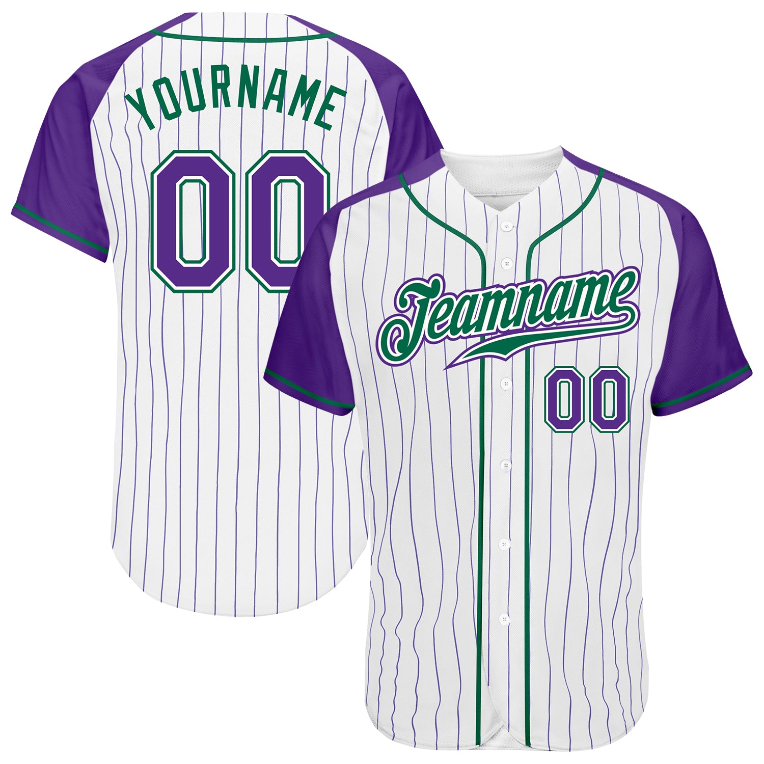 Custom Purple White Pinstripe Baseball Jersey with Kelly Green Raglan Sleeves - Authentic Design Custom White Purple Pinstripe