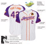 Custom Purple White Pinstripe Baseball Jersey with Orange Raglan Sleeves - Authentic Design Custom White Purple Pinstripe