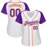 Custom Purple White Pinstripe Baseball Jersey with Orange Raglan Sleeves - Authentic Design Custom White Purple Pinstripe