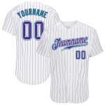 Custom purple, teal and white pinstripe baseball jersey