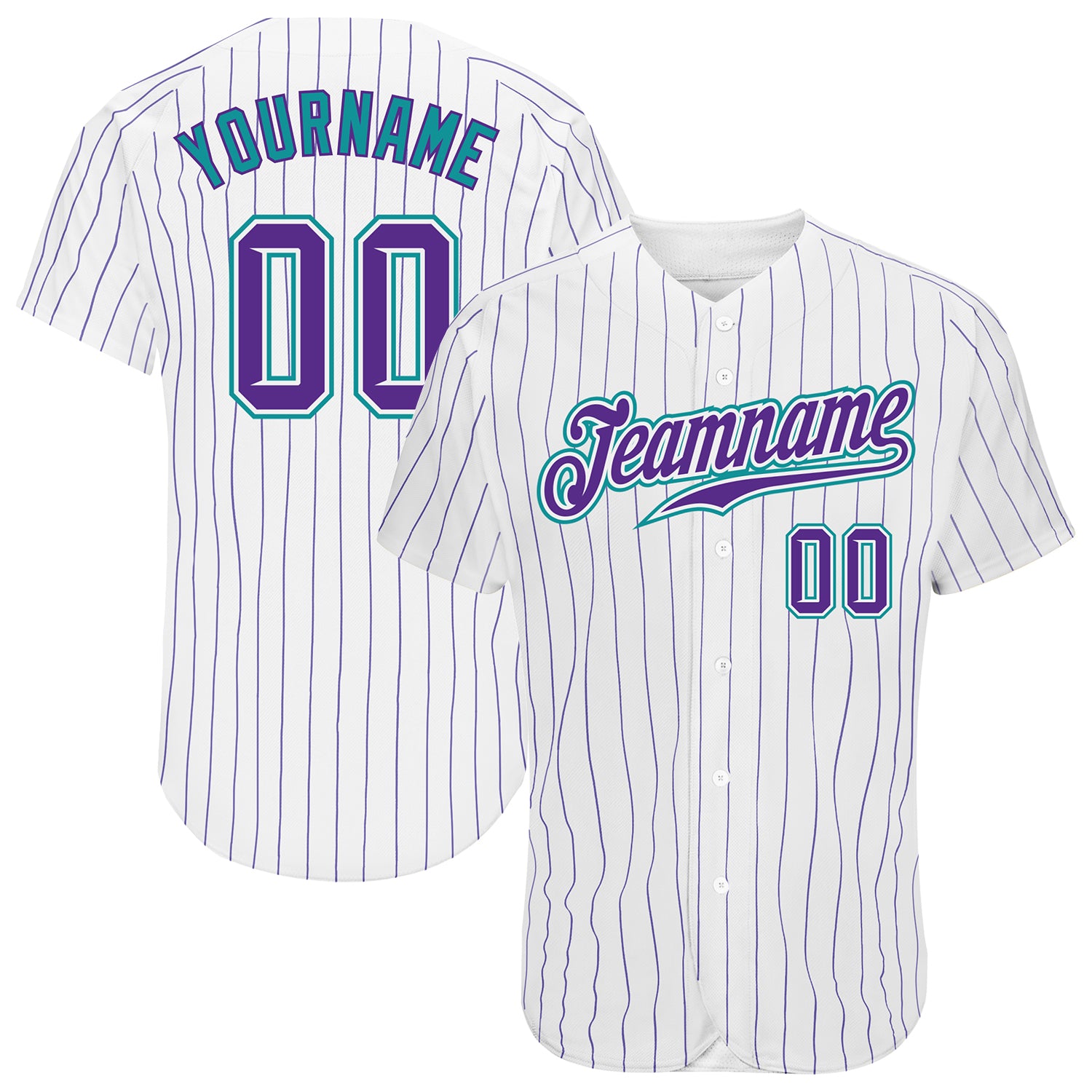 Custom purple, teal and white pinstripe baseball jersey