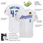 Custom purple, teal and white pinstripe baseball jersey, detail of the printed panel