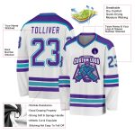Custom Hockey Jersey in White Purple and Teal - Personalized Team Sports Apparel Custom White Purple-Teal Hockey Jersey