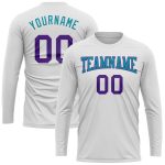 Custom Long Sleeve Performance T-Shirt - White Purple Teal Design Custom White Purple-Teal Long Sleeve Performance T-Shirt