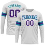 Custom Long Sleeve Performance T-Shirt - White Purple Teal Design Custom White Purple-Teal Long Sleeve Performance T-Shirt