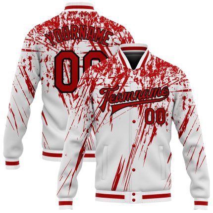 Custom 3D Pattern Bomber Jacket Red Black Varsity Letterman Full-Snap Design Custom White Red-Black 3D Pattern Design Bomber