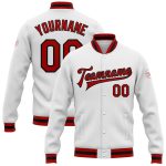 Custom Bomber Varsity Letterman Jacket Red Black White Full-Snap Custom White Red-Black Bomber Full-Snap Varsity Letterman