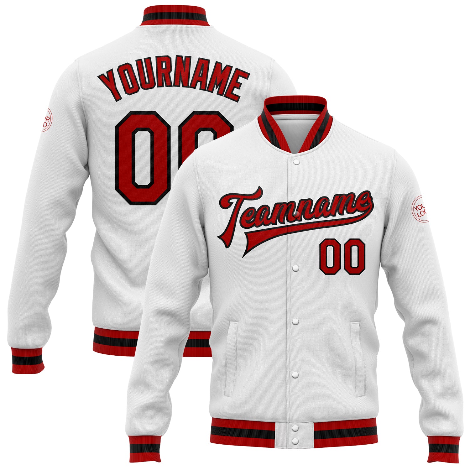 Custom Bomber Varsity Letterman Jacket Red Black White Full-Snap Custom White Red-Black Bomber Full-Snap Varsity Letterman