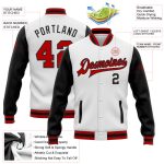 Custom Red Black Two-Tone Varsity Letterman Bomber Full-Snap Jacket Custom White Red-Black Bomber Full-Snap Varsity Letterman