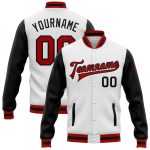 Custom Red Black Two-Tone Varsity Letterman Bomber Full-Snap Jacket Custom White Red-Black Bomber Full-Snap Varsity Letterman