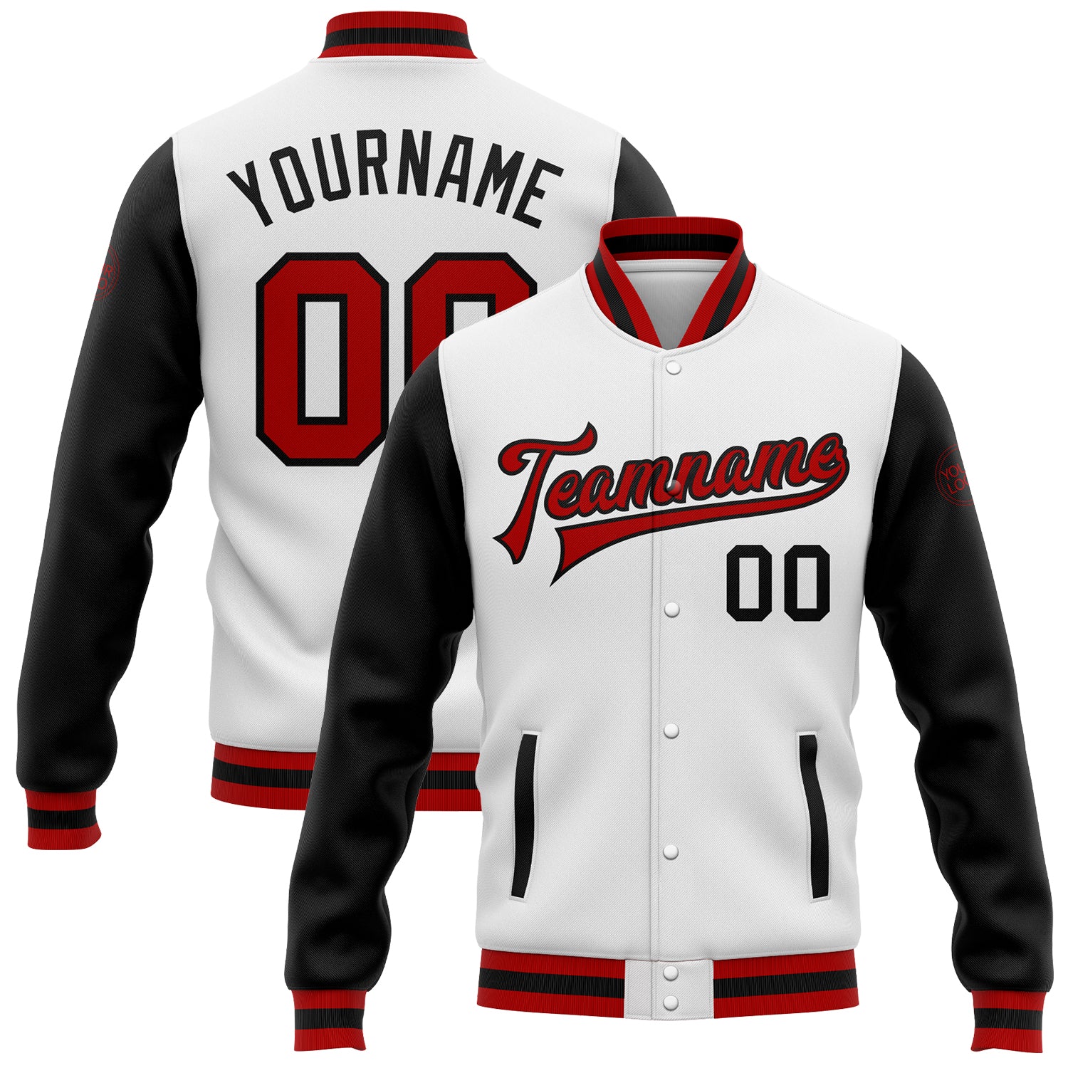 Custom Red Black Two-Tone Varsity Letterman Bomber Full-Snap Jacket Custom White Red-Black Bomber Full-Snap Varsity Letterman