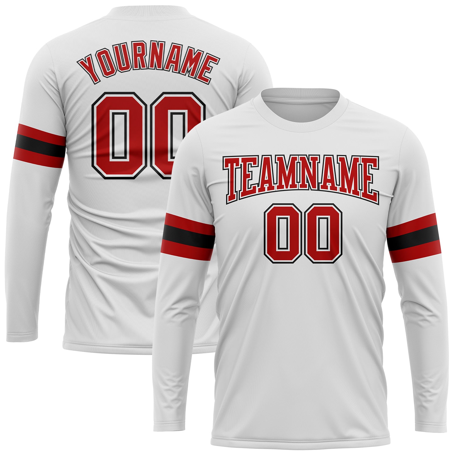 Custom White Red-Black Long Sleeve Performance T-Shirt Custom Performance Long Sleeve T-Shirt in White, Red, and Black for Men and Women Custom White Red-Black Long Sleeve Performance
