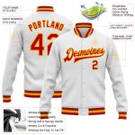 Custom Varsity Letterman Jacket Red Gold Bomber Full-Snap White Design Custom White Red-Gold Bomber Full-Snap Varsity Letterman
