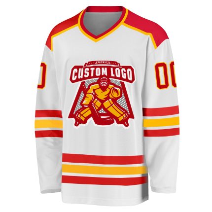 Custom Hockey Jersey Red and Gold | Personalized White Hockey Apparel Custom White Red-Gold Hockey Jersey