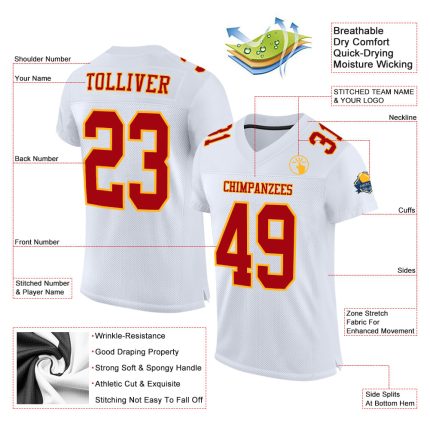 Custom Authentic Football Jersey - White Red Gold Mesh Design Custom White Red-Gold Mesh Authentic Football Jersey