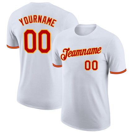 Custom Performance T-Shirt in White with Red-Gold Accents for Men and Women Custom White Red-Gold Performance T-Shirt