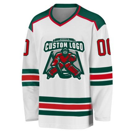 Custom Red Green Hockey Jersey | Personalized White Team Uniform Custom White Red-Green Hockey Jersey