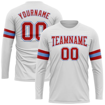 Custom Performance T-Shirt - White Red-Light Blue Long Sleeve Athletic Tee Custom White Red-Light Blue Long Sleeve Performance