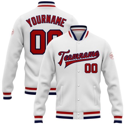 Custom Bomber Jacket Red Navy Varsity Full-Snap Letterman Jacket Custom White Red-Navy Bomber Full-Snap Varsity Letterman