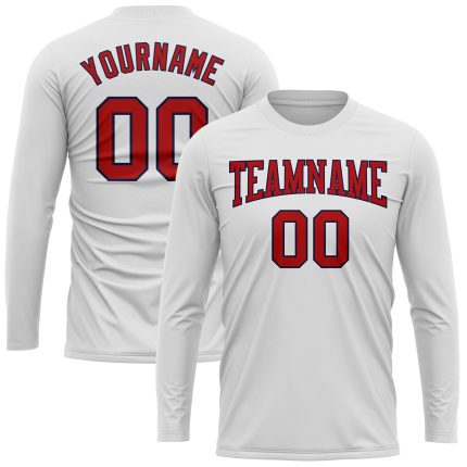 Custom Long Sleeve Performance T-Shirt in White Red Navy for Men and Women Custom White Red-Navy Long Sleeve Performance