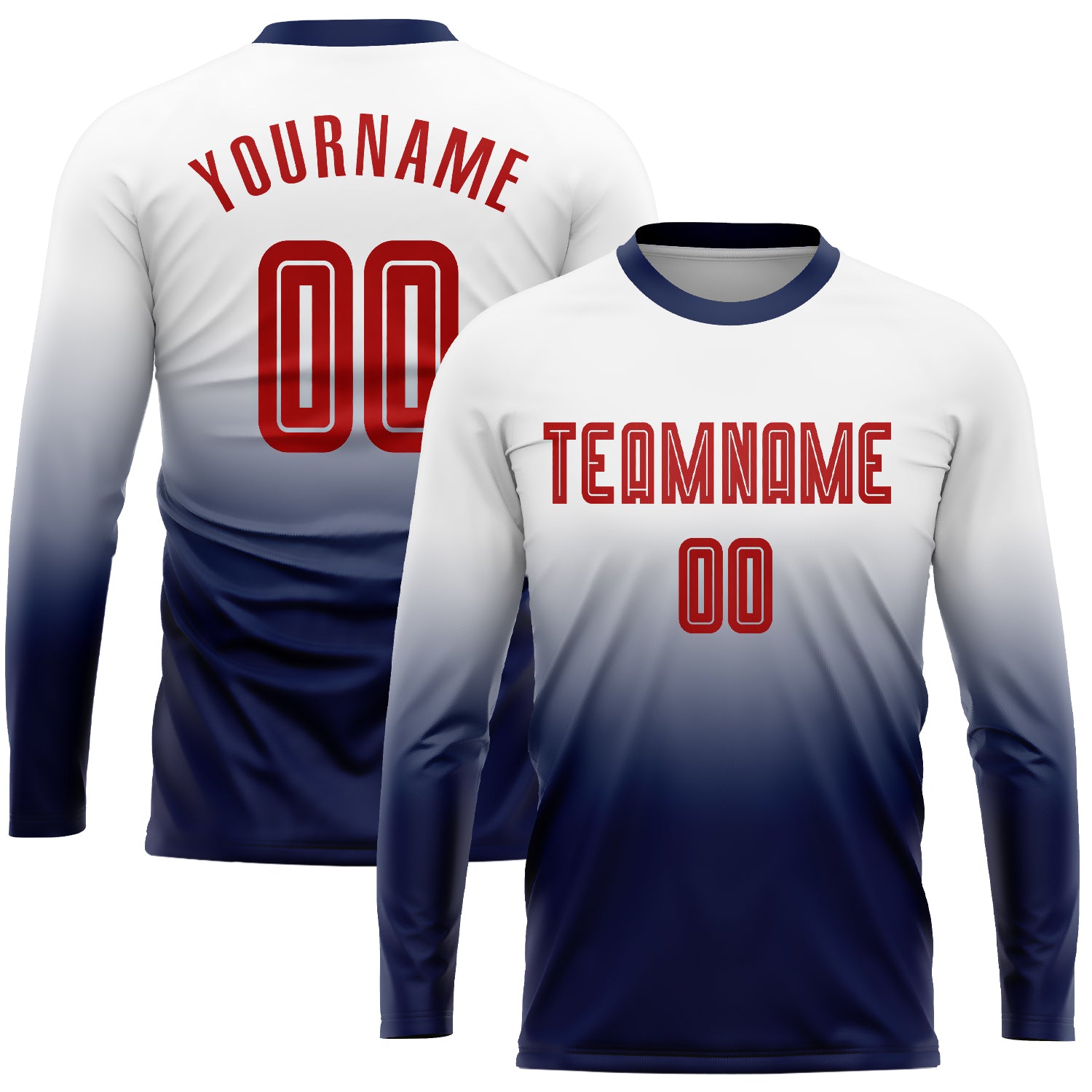 Custom Soccer Jersey - Sublimation Long Sleeve Fade in White, Red & Navy Custom White Red-Navy Sublimation Long Sleeve Fade