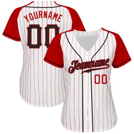 Custom Red Pinstripe Baseball Jersey - Black and Red Authentic Raglan Sleeves Custom White Red Pinstripe Black-Red Authentic