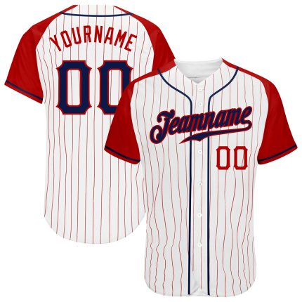 Custom Navy-Red Baseball Jersey with White Red Pinstripes and Authentic Raglan Sleeves Custom White Red Pinstripe Navy-Red