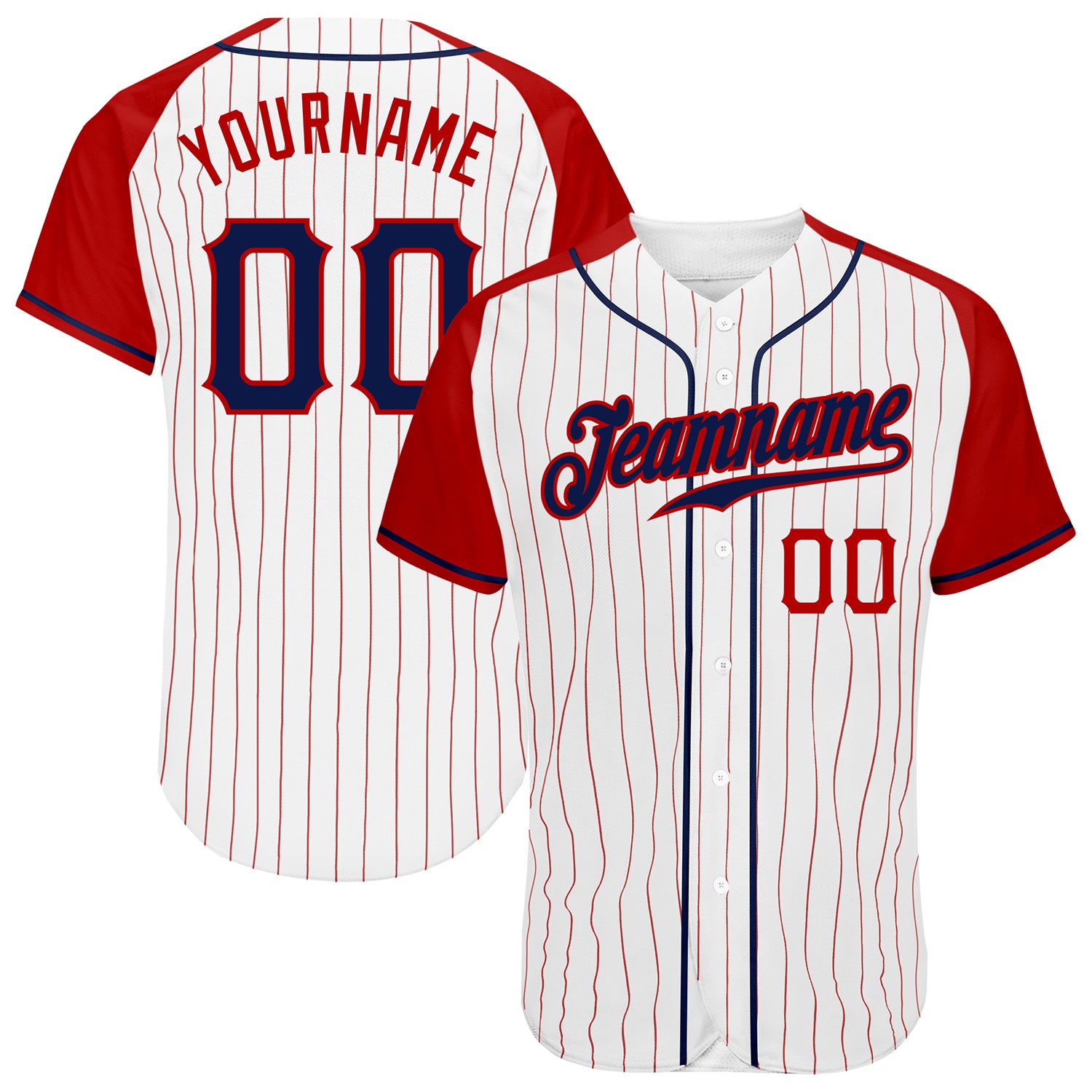 Custom White Red Pinstripe Navy-Red Authentic Raglan Sleeves Baseball Jersey Custom Navy-Red Baseball Jersey with White Red Pinstripes and Authentic Raglan Sleeves Custom White Red Pinstripe Navy-Red