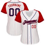 Custom Navy-Red Baseball Jersey with White Red Pinstripes and Authentic Raglan Sleeves Custom White Red Pinstripe Navy-Red