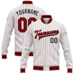 Custom Red Black Pinstripe Bomber Jacket Full-Snap Varsity Letterman Custom White Red Pinstripe Red-Black Bomber Full-Snap